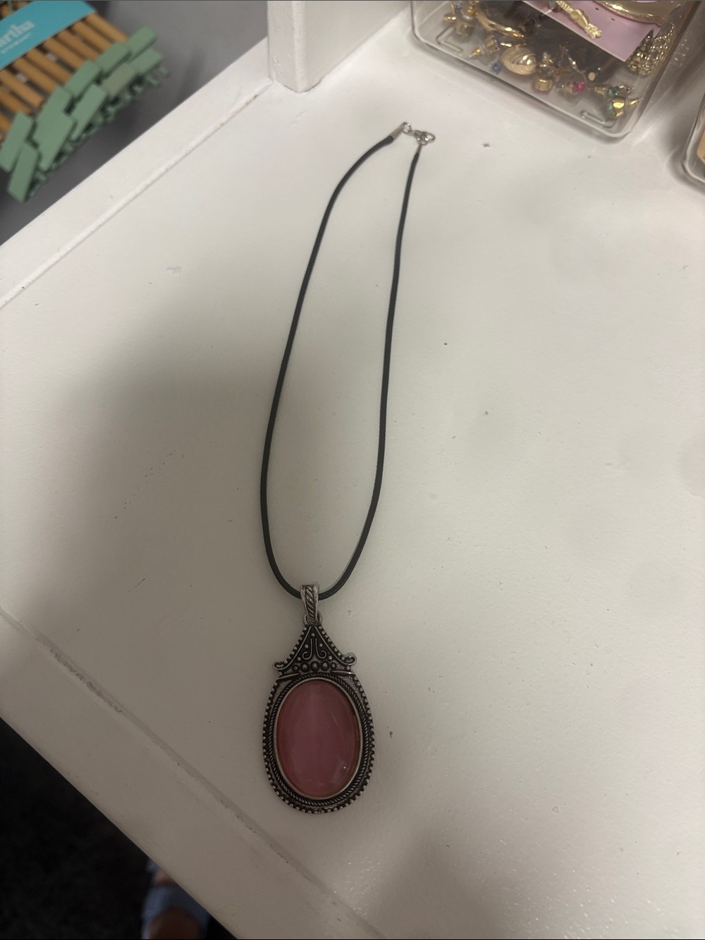 Free People Pink Oval Stone Pendant Necklace with Decorative Silver-Tone Frame